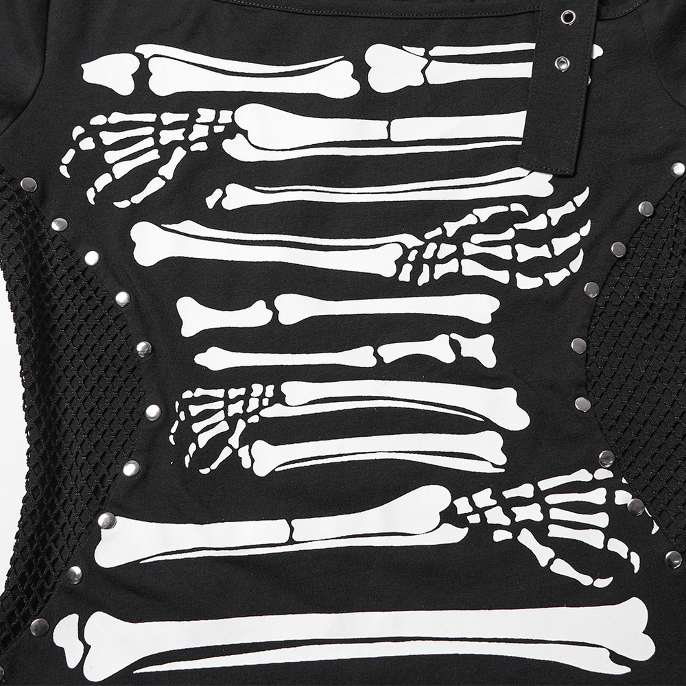 Stylish Skeleton Print T-Shirt with Studded Strap Detail featuring a gothic skeleton design and mesh detail.