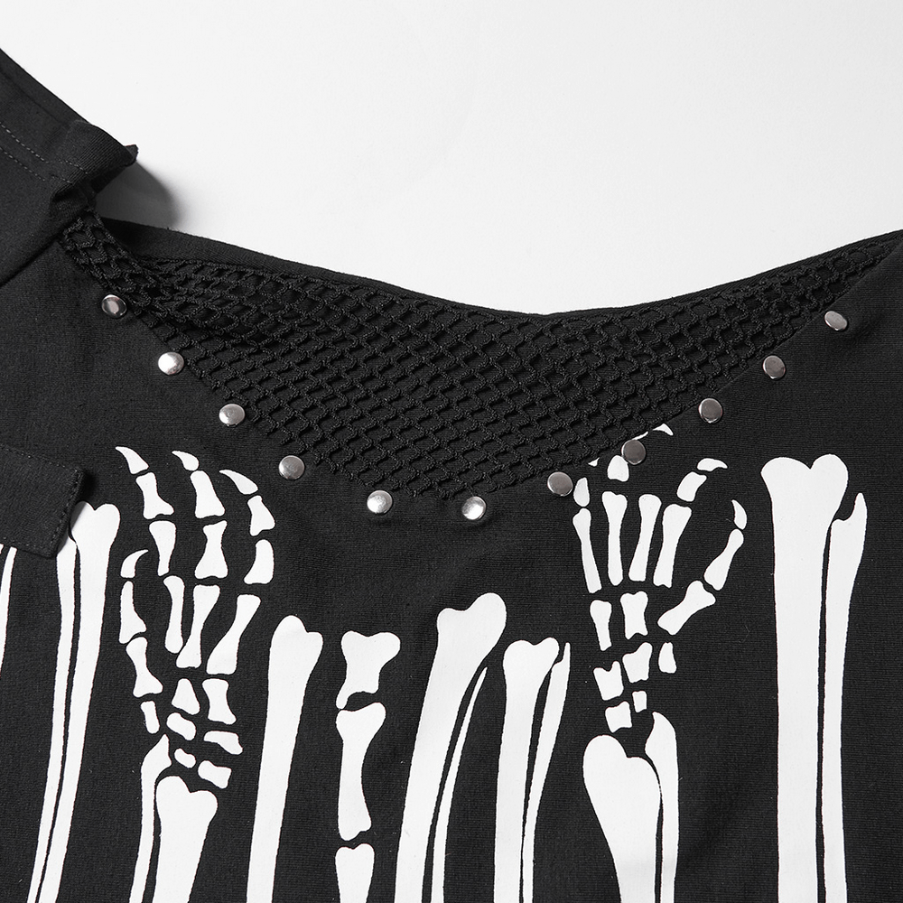 Stylish Skeleton Print T-Shirt with Studded Strap Detail showing mesh and studded strap design elements.