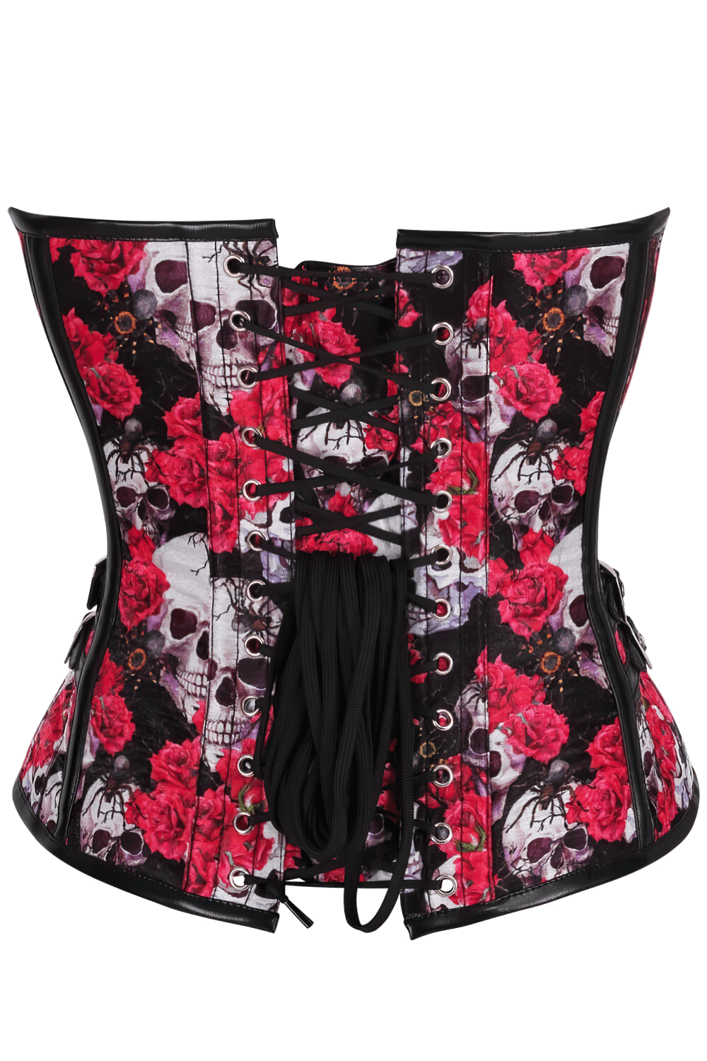 Alt Tag: Stylish Skull and Red Rose Steampunk Overbust Corset with skull & red rose print, lace-up steel boned waist trainer, buckle accents