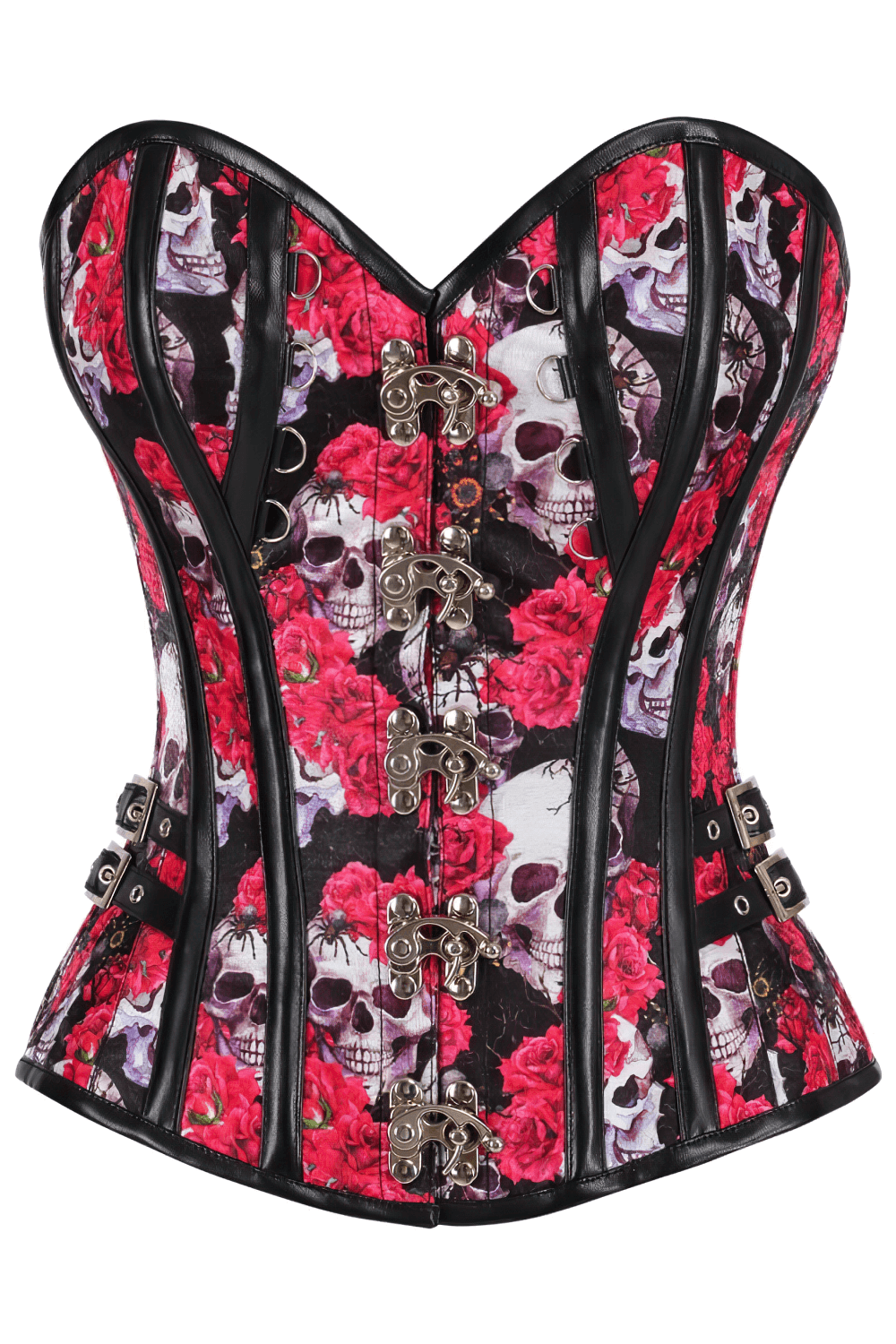Stylish Skull and Red Rose Steampunk Overbust Corset with steel boning, front metal clasps, D-ring accents, skull and red rose print