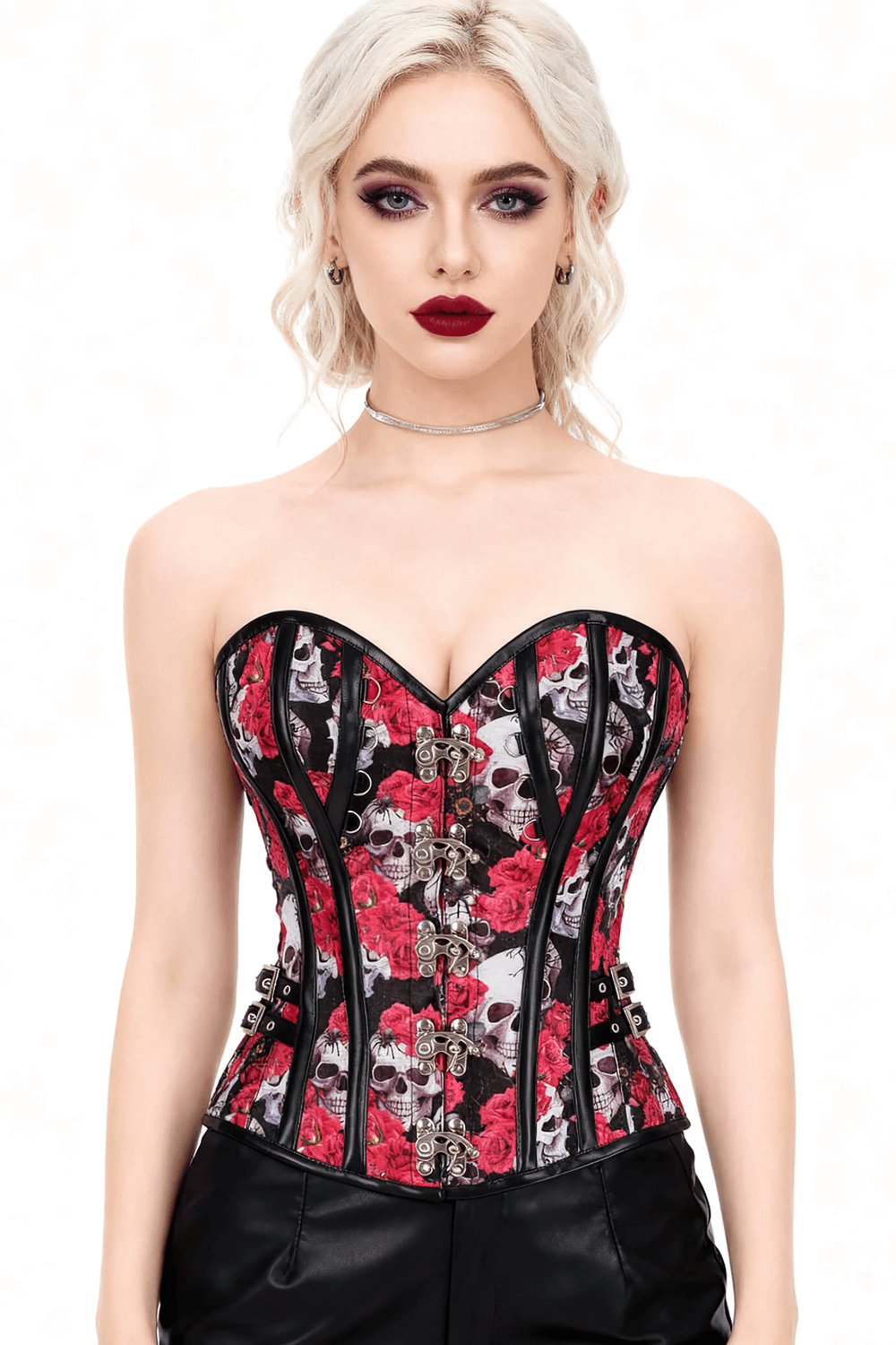 Alt Tag: Stylish Skull and Red Rose Steampunk Overbust Corset with steel boning, skull & red rose print, front busk closure, D-rings