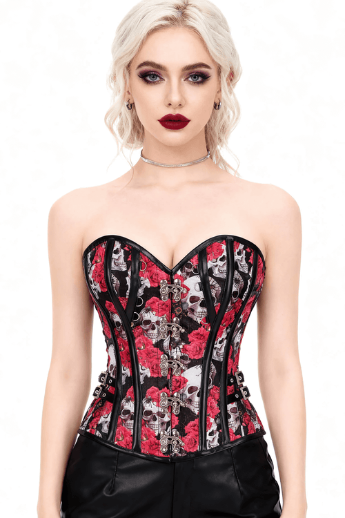 Stilvolles Korsett im Steampunk-Stil mit Totenkopf und roter Rose