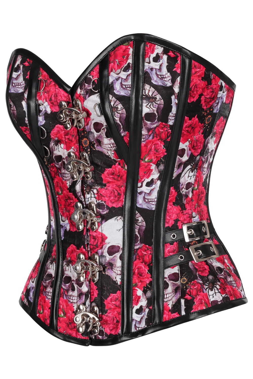 Alt Tag: Stylish Skull and Red Rose Steampunk Overbust Corset with skull and red rose print, steel boning, clasp front, side buckles
