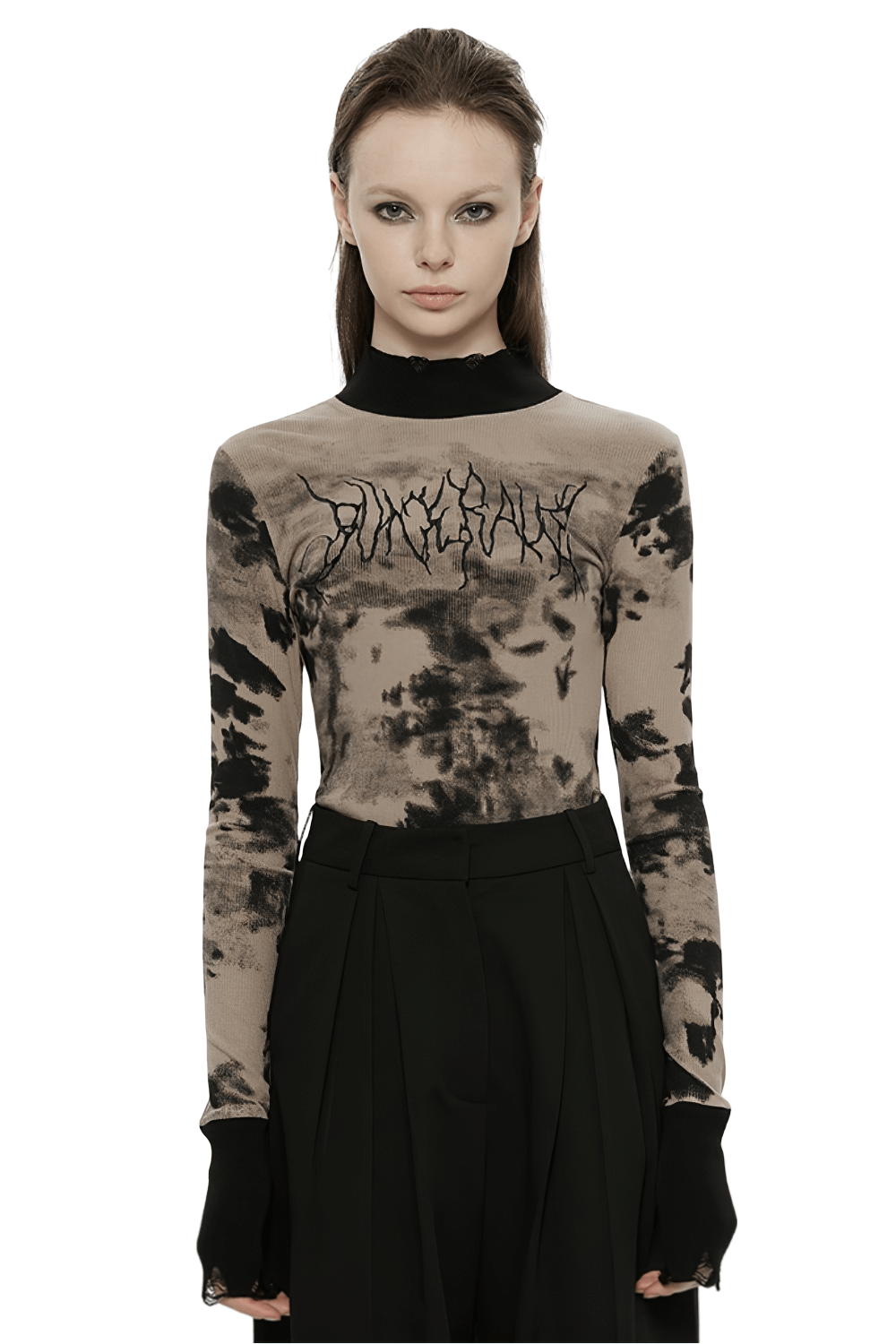 Stylish Tie Dye Turtleneck Top with Ripped Cuffs
