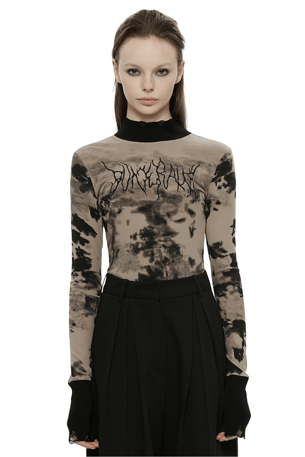 Stylish tie dye turtleneck top with ripped cuffs and 'Punk Rave' embroidery, perfect for edgy streetwear looks.