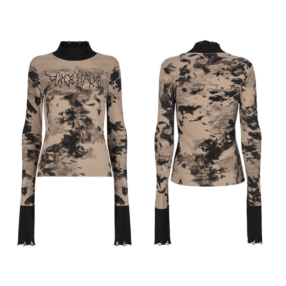 Stylish tie dye turtleneck top with ripped cuffs by Punk Rave, perfect for edgy streetwear looks.