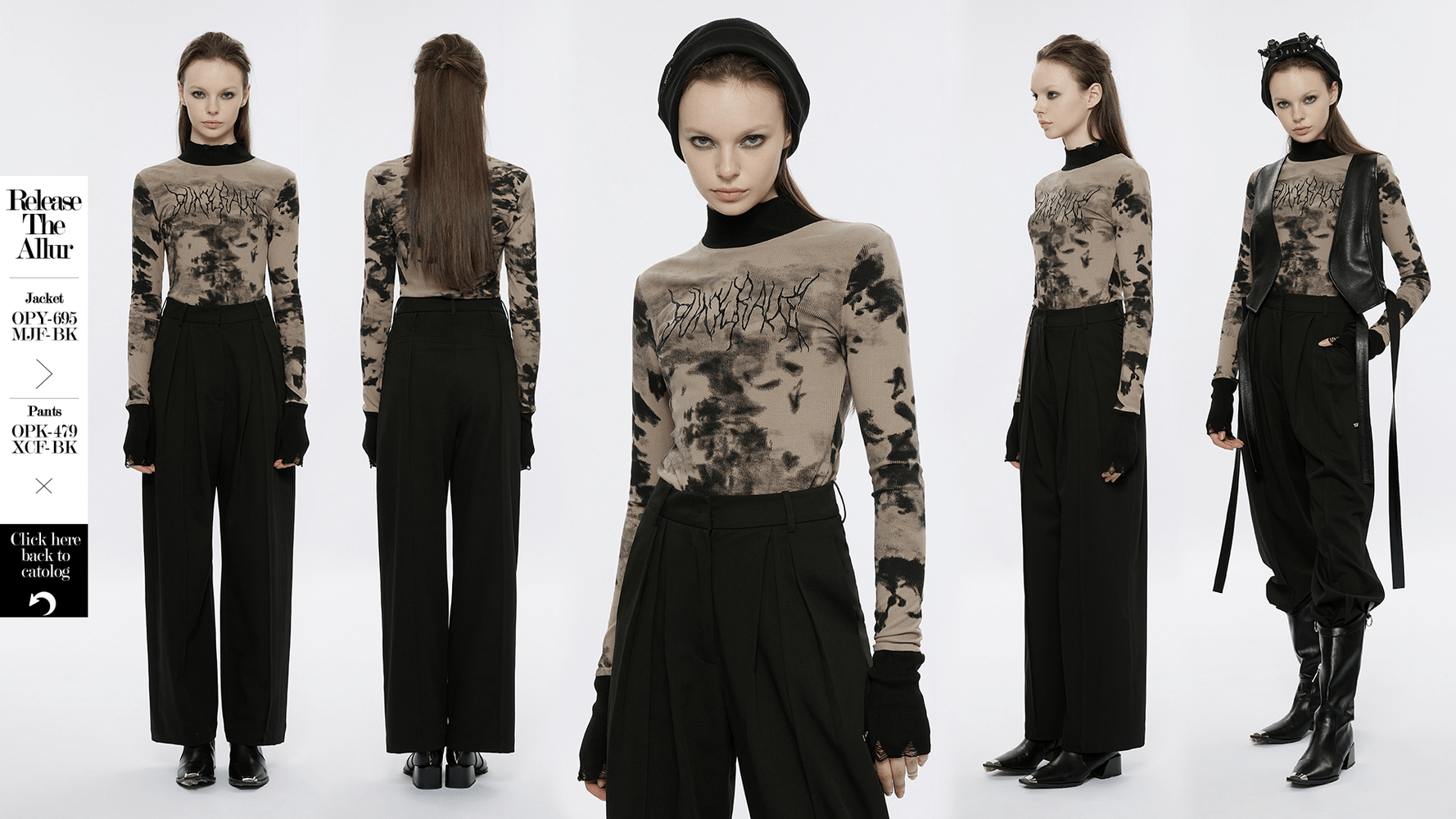 Stylish tie dye turtleneck top worn with edgy black pants and accessories for a punk streetwear look.