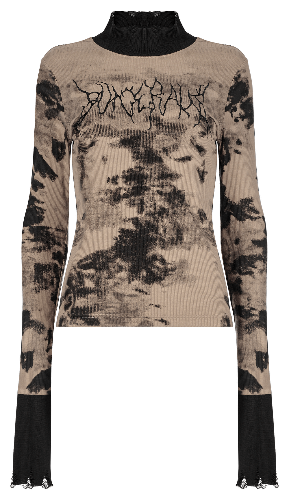 Stylish tie dye turtleneck top with embroidery and ripped cuffs, perfect for edgy streetwear.