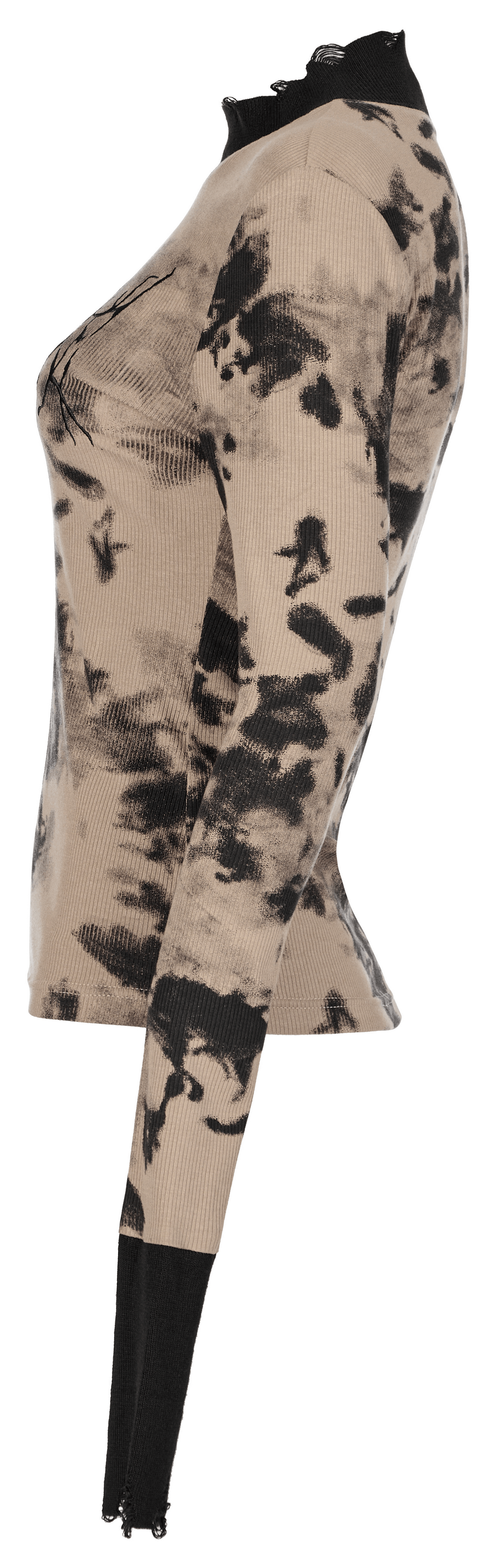 Stylish tie dye turtleneck top with ripped cuffs, showcasing edgy streetwear fashion in beige and black hues.