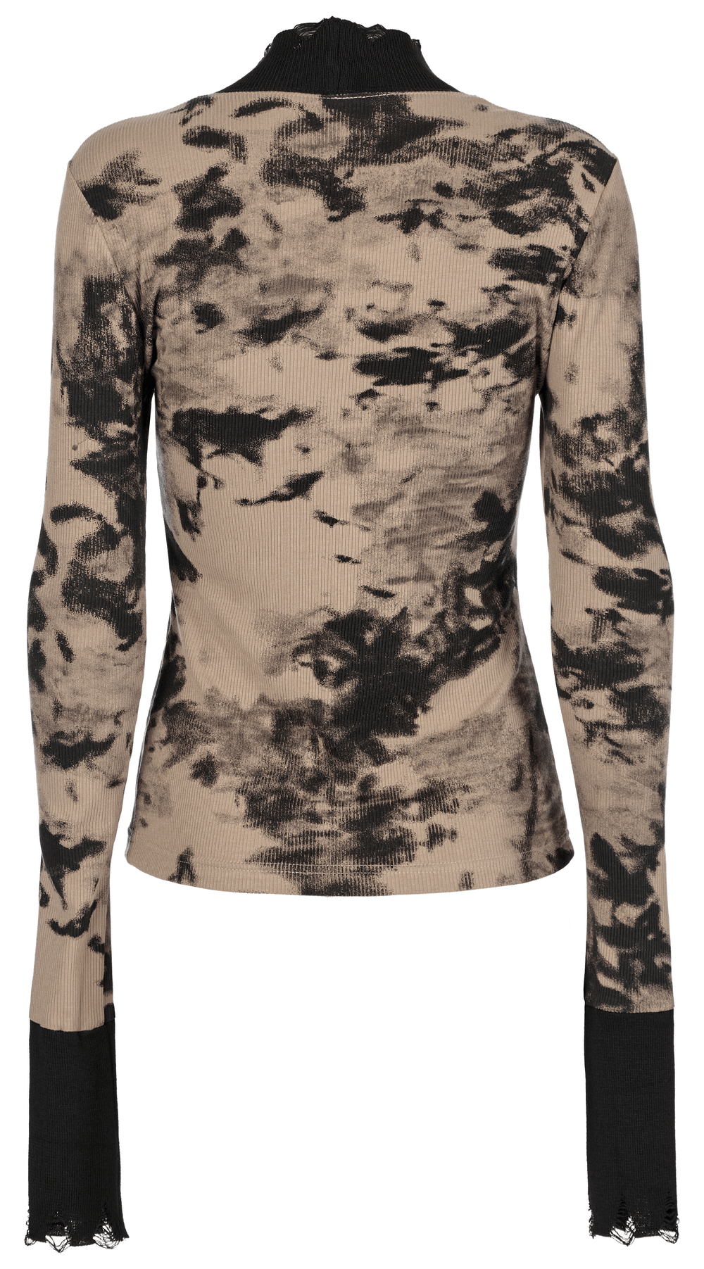 Back view of a stylish tie dye turtleneck top featuring ripped cuffs and a unique black and tan pattern.