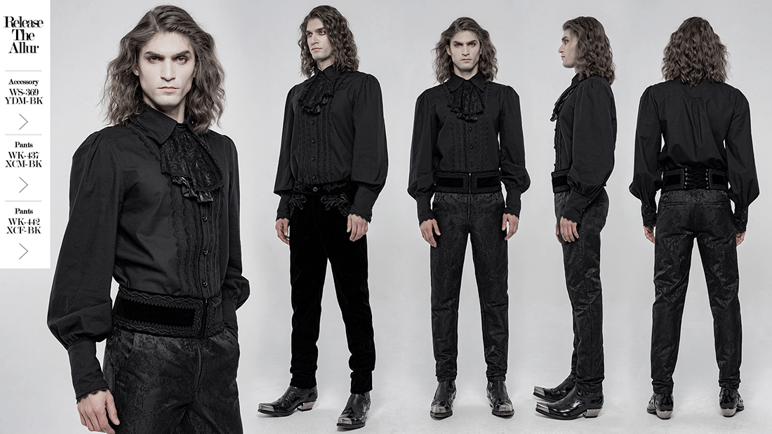 Stylish Victorian ruffle front men's cotton shirt, showcasing gothic elegance and comfort in a dramatic black design.