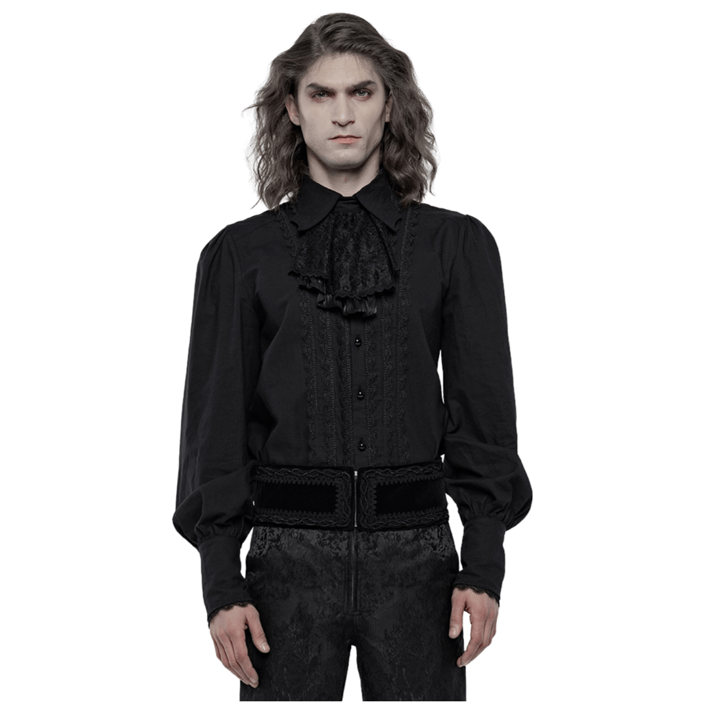 Stylish Victorian ruffle front men's cotton shirt, featuring elegant gothic design and removable bow tie.