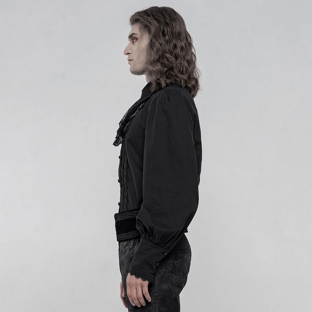 Stylish Victorian ruffle front men's cotton shirt in black, showcasing a gothic elegant design and long sleeves.
