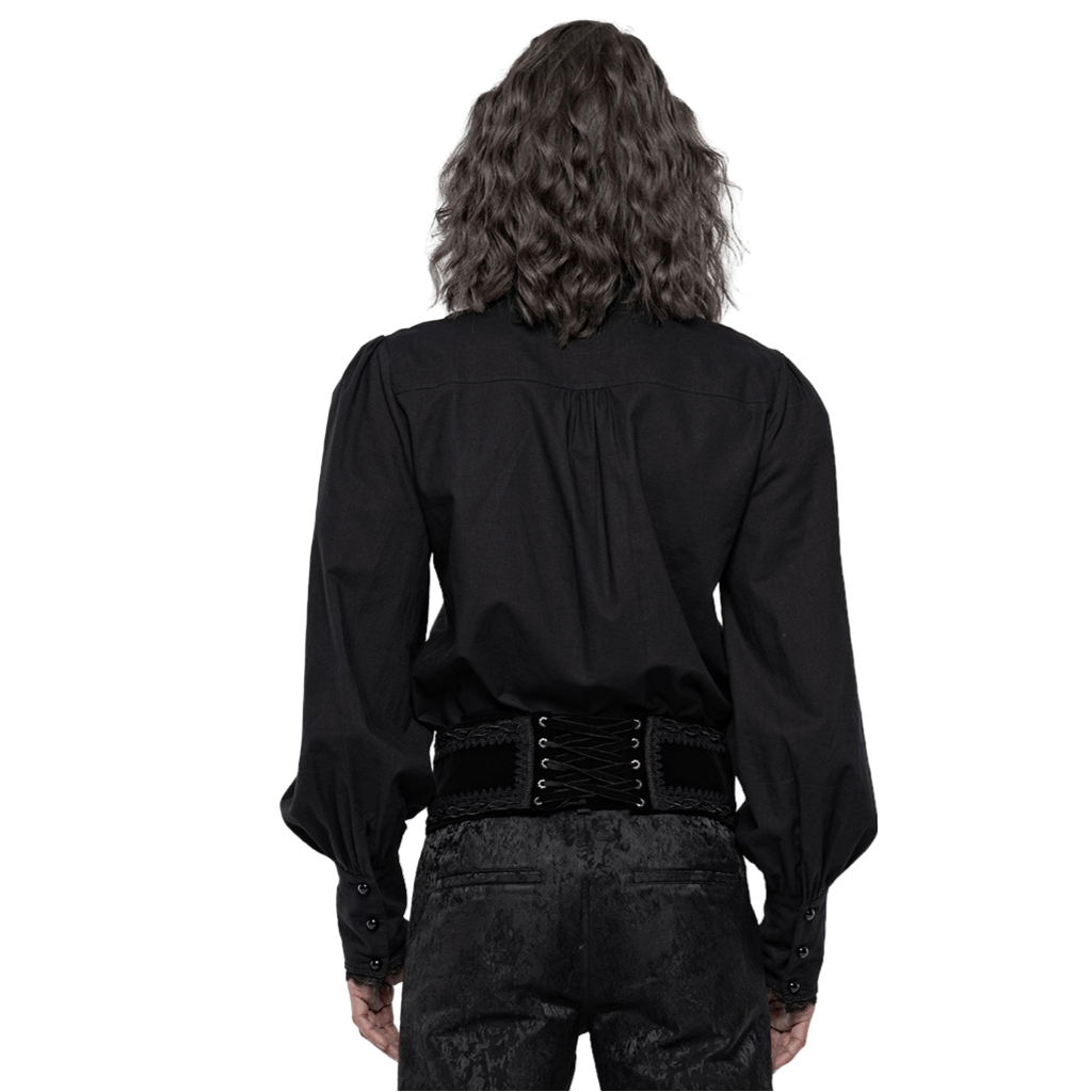 Back view of a stylish black Victorian cotton shirt with ruffled detailing and fitted waist for a gothic fashion statement.