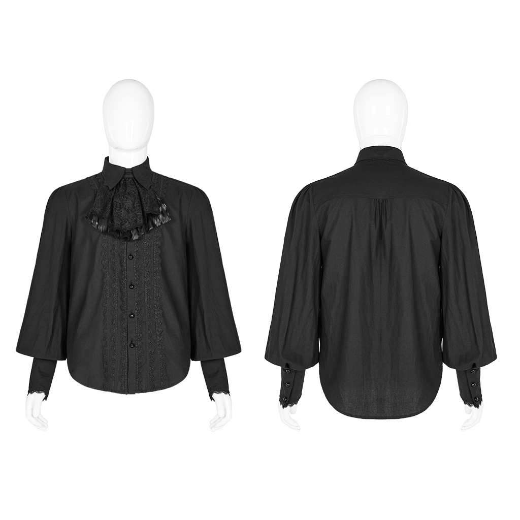 Front and back view of a stylish Victorian ruffle front men's cotton shirt in black, featuring a removable bow tie and buttoned cuffs.