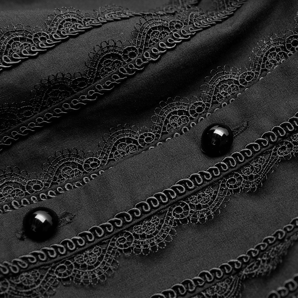 Elegant black ruffled cotton fabric with lace details and button accents, perfect for a Victorian-inspired shirt.