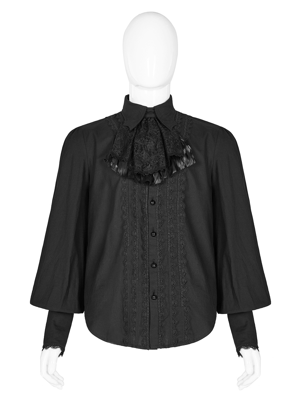 Stylish Victorian ruffle front men's cotton shirt with removable bow tie and buttoned cuffs, showcasing gothic elegance.