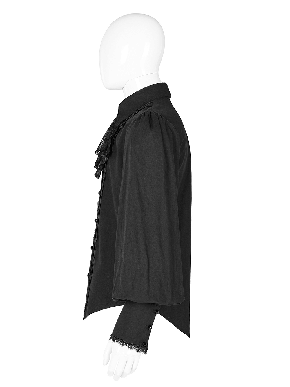 Side view of a stylish Victorian ruffle front men's cotton shirt in black, featuring elegant ruffles and buttoned cuffs.