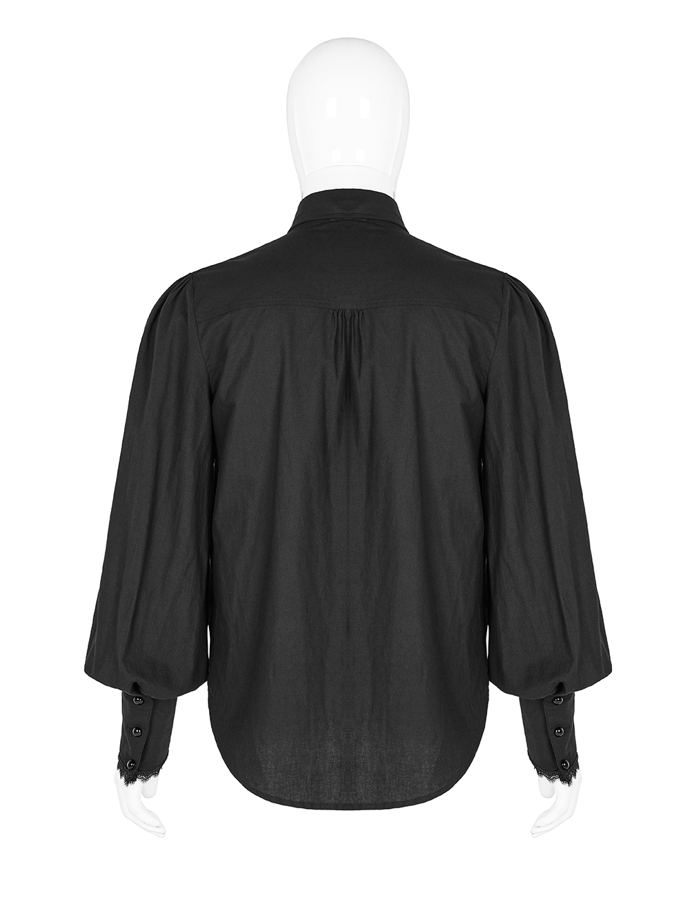 Back view of stylish Victorian ruffle front men's cotton shirt with puffed sleeves and buttoned cuffs.