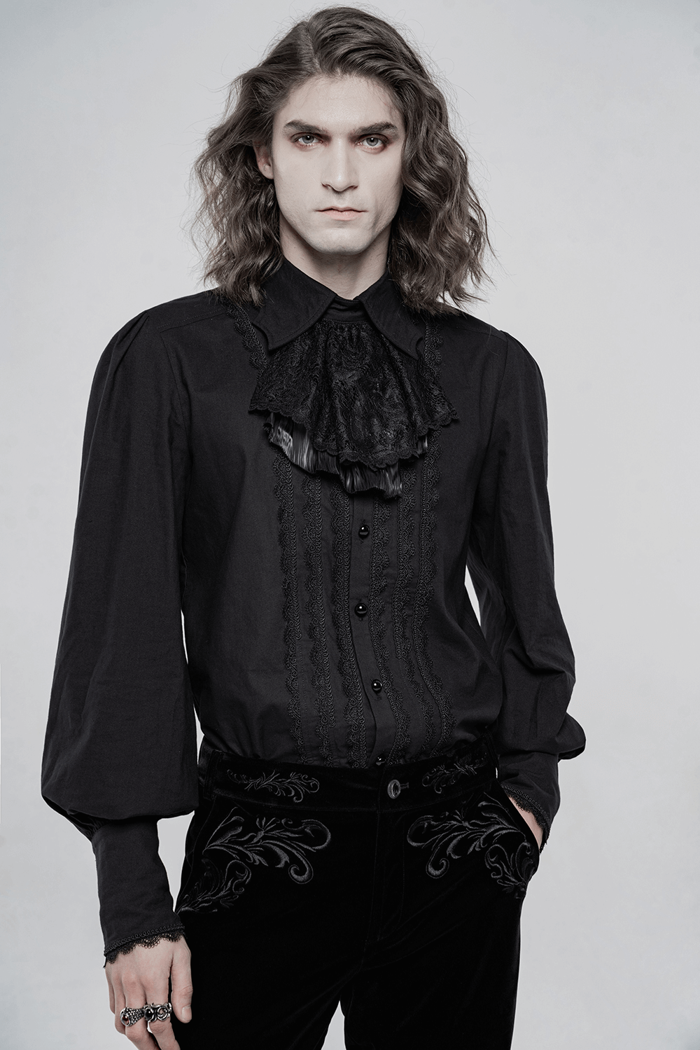 Stylish Victorian ruffle front men's cotton shirt with long sleeves, perfect for gothic elegance and charm.