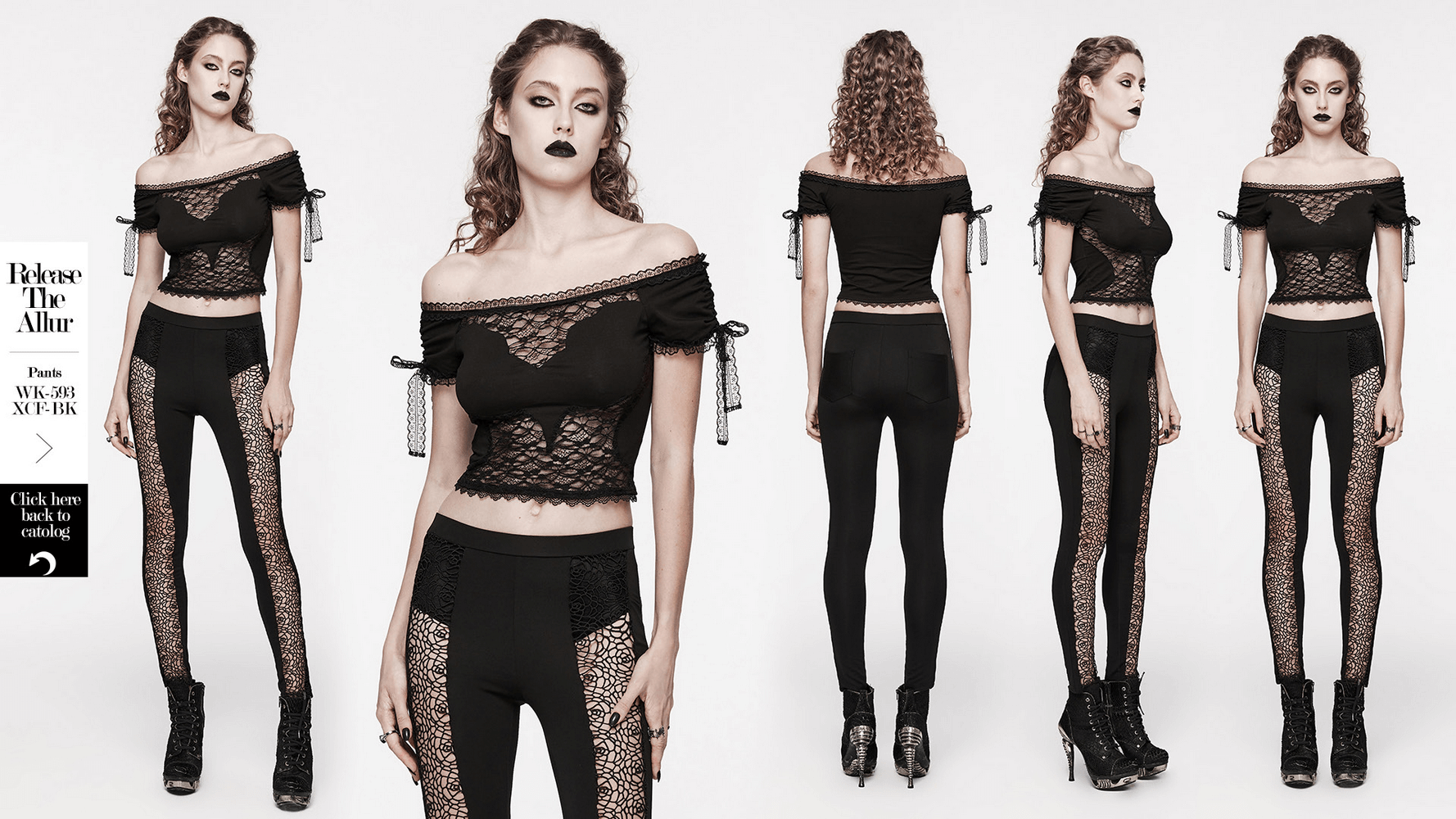 Stylish women's black sheer lace off-the-shoulder top paired with black fitted pants, exuding gothic romance and allure.