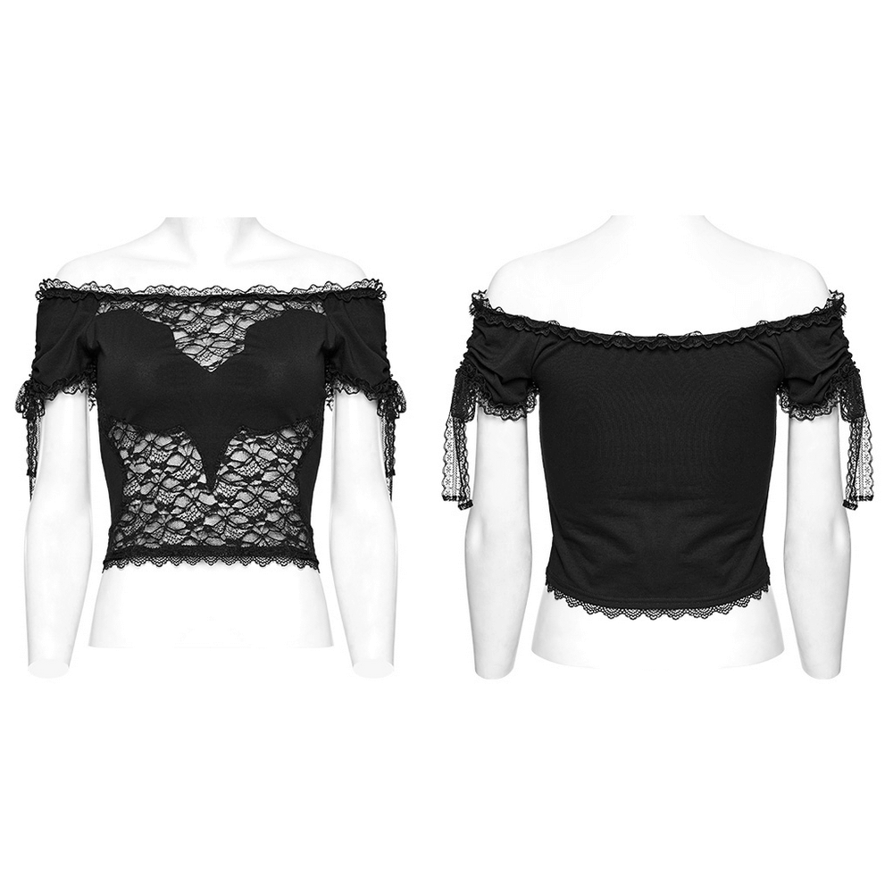Stylish black sheer lace off-the-shoulder top showcasing gothic allure and elegant lace detailing.