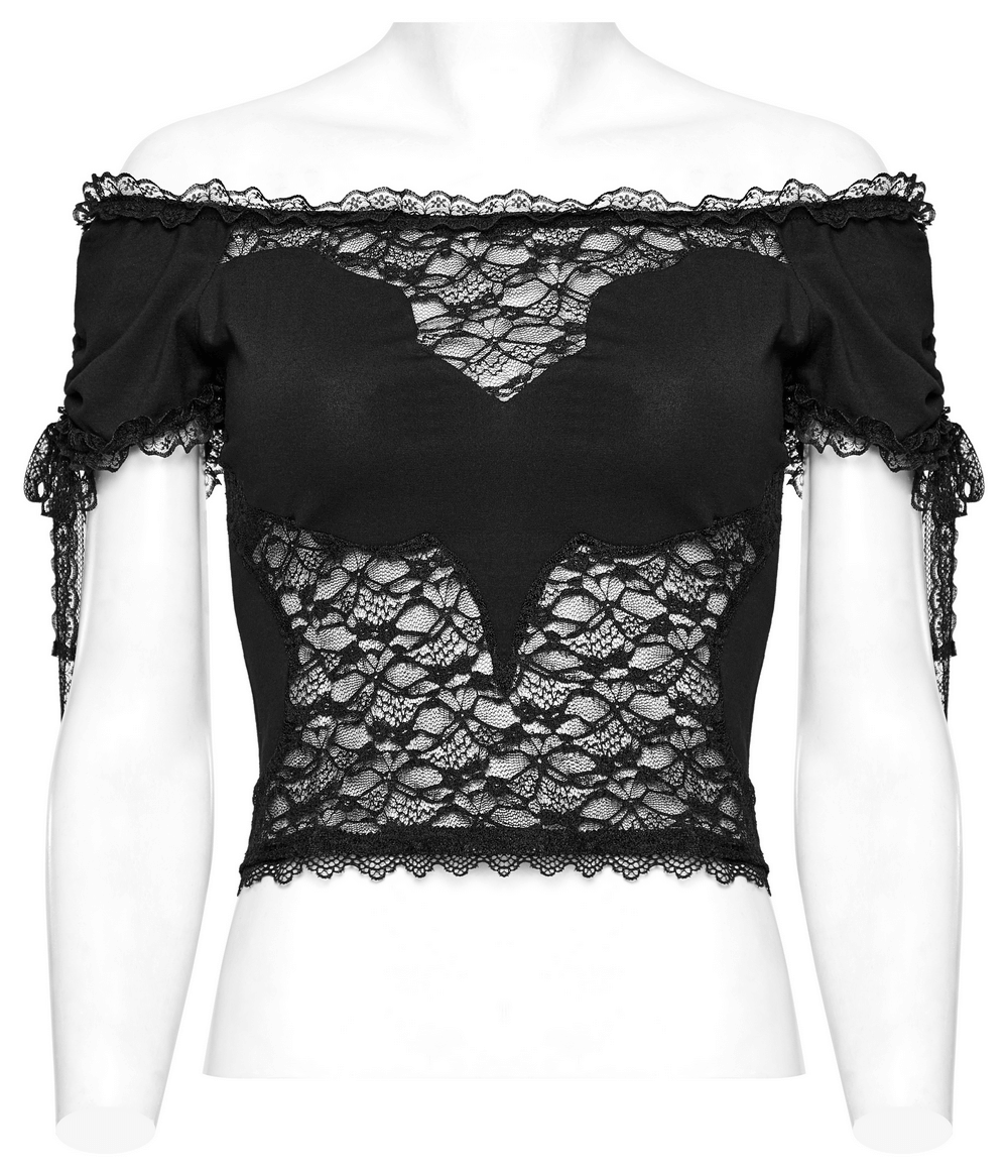 Stylish black sheer lace off-the-shoulder top showcasing intricate lace embellishments and adjustable sleeves.