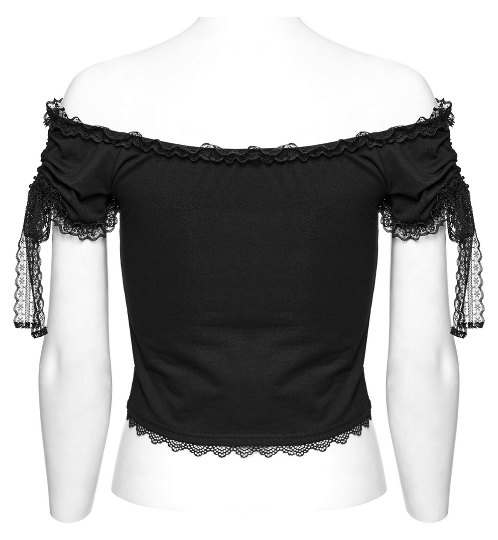 Back view of stylish women's black sheer lace off-the-shoulder top with adjustable lace sleeves.