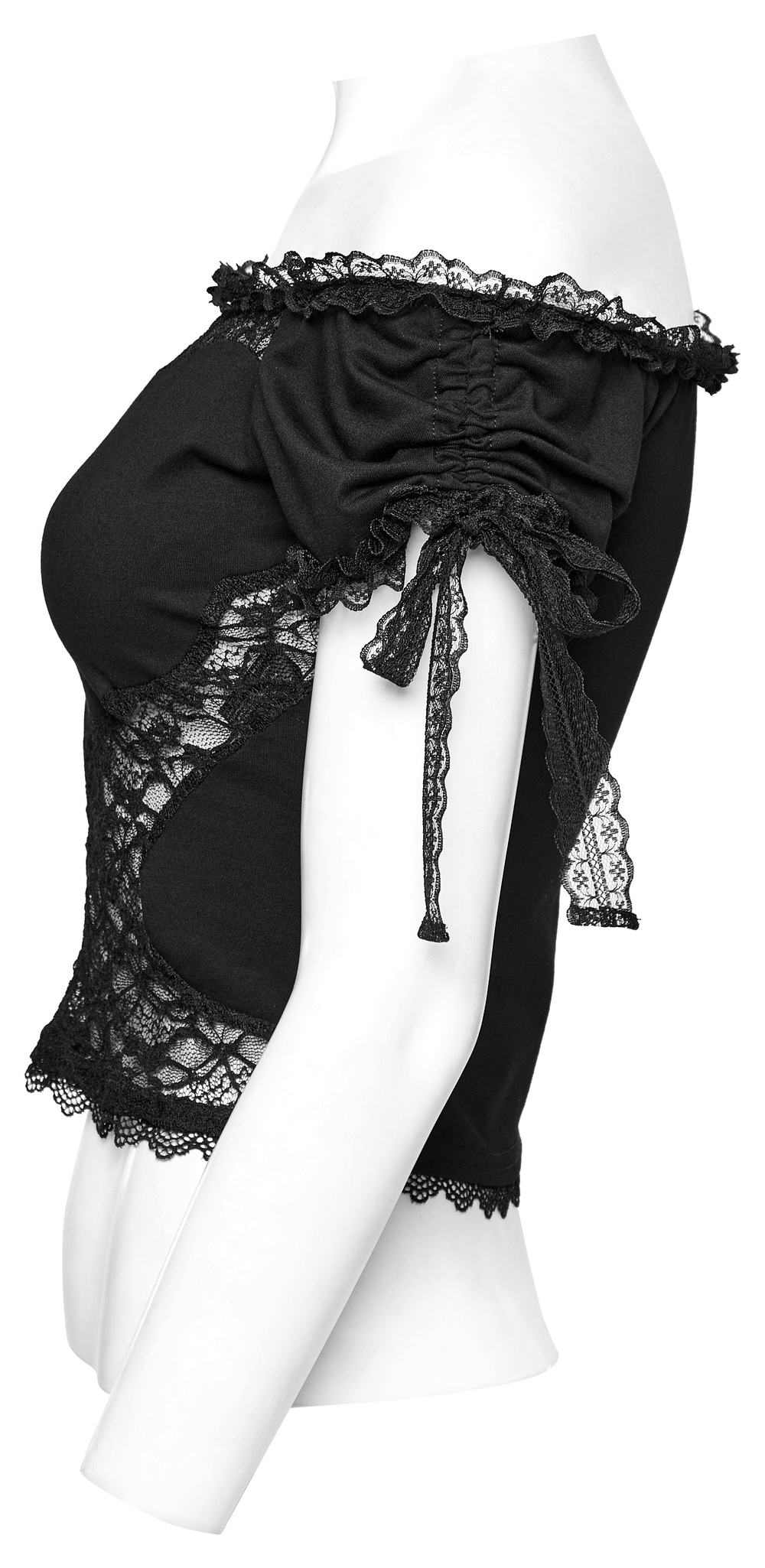 Stylish women's black sheer lace off-the-shoulder top with adjustable sleeves and unique lace detailing.