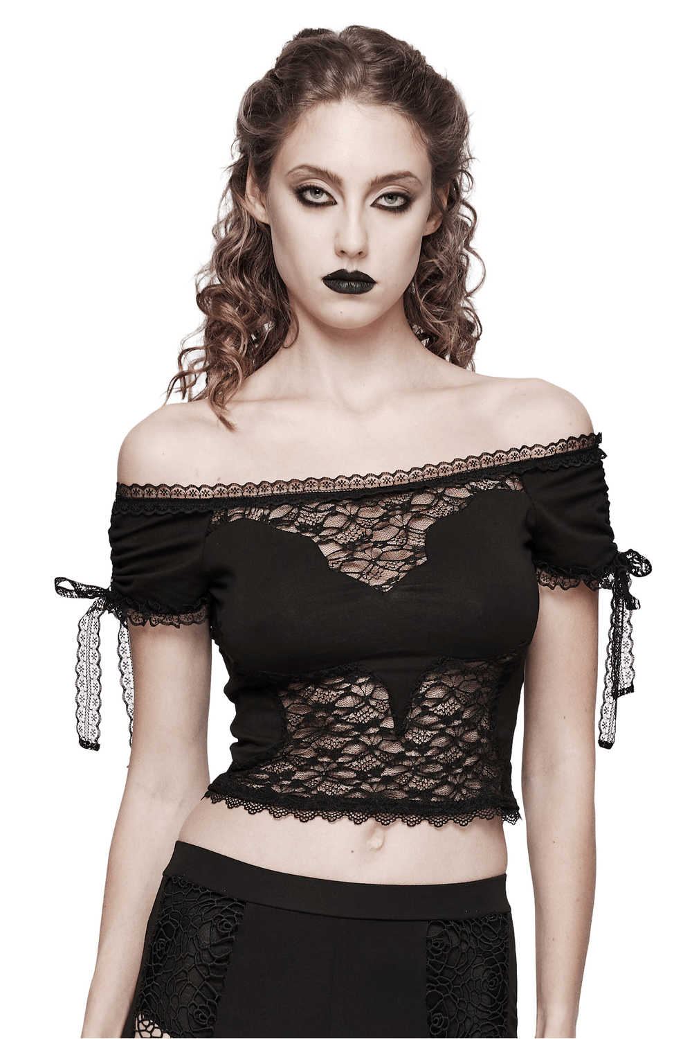 Stylish women's black sheer lace off-the-shoulder top with adjustable sleeves, channeling dark romance and gothic allure.