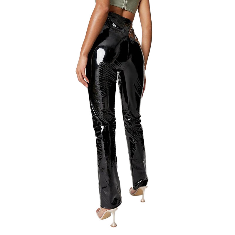 Back view of stylish women's high-waisted black patent leather straight pants, showcasing rock style and slits at the bottom.
