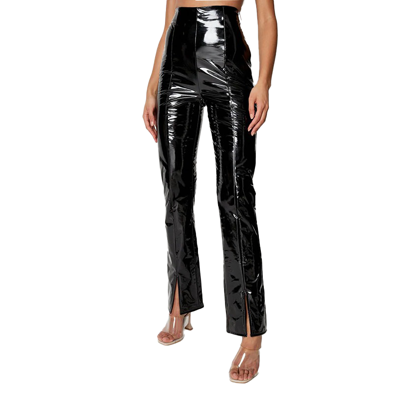 Stylish women's black high-waisted patent leather straight pants with slits, perfect for a rock-chic look.