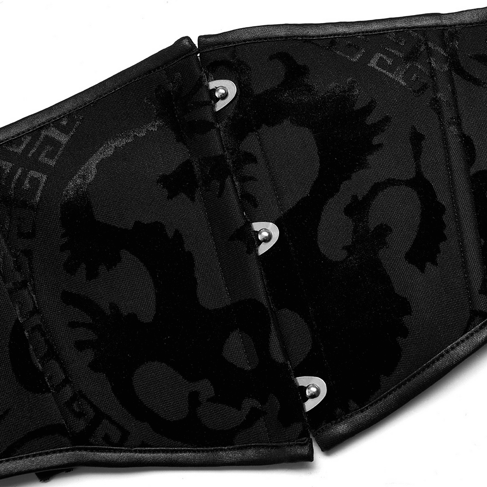 Stylish black dragon print corset belt with lace-up detail for a gothic-inspired look.