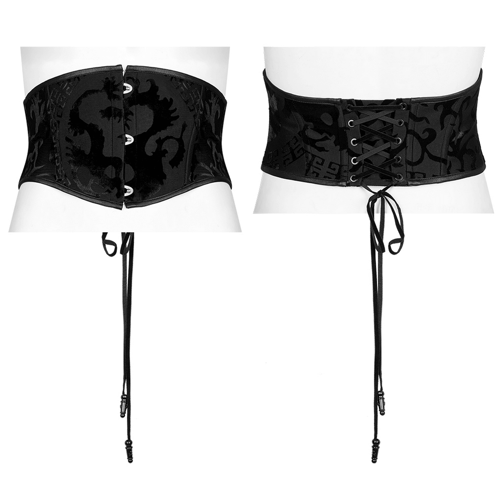 Stylish women's black dragon print corset belt with lace-up design, perfect for a gothic-inspired look.