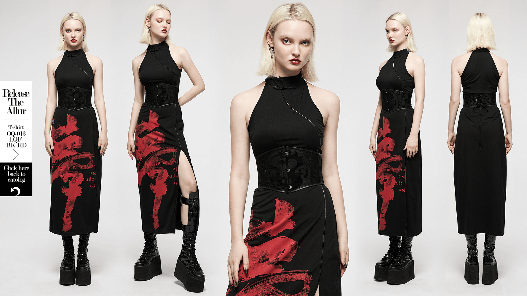 Stylish model showcasing a gothic women's dragon print corset belt with lace-up over a sleek black dress.