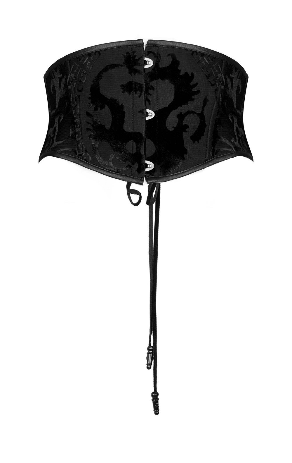 Stylish women's black dragon print corset belt with lace-up detail for a gothic-inspired look.