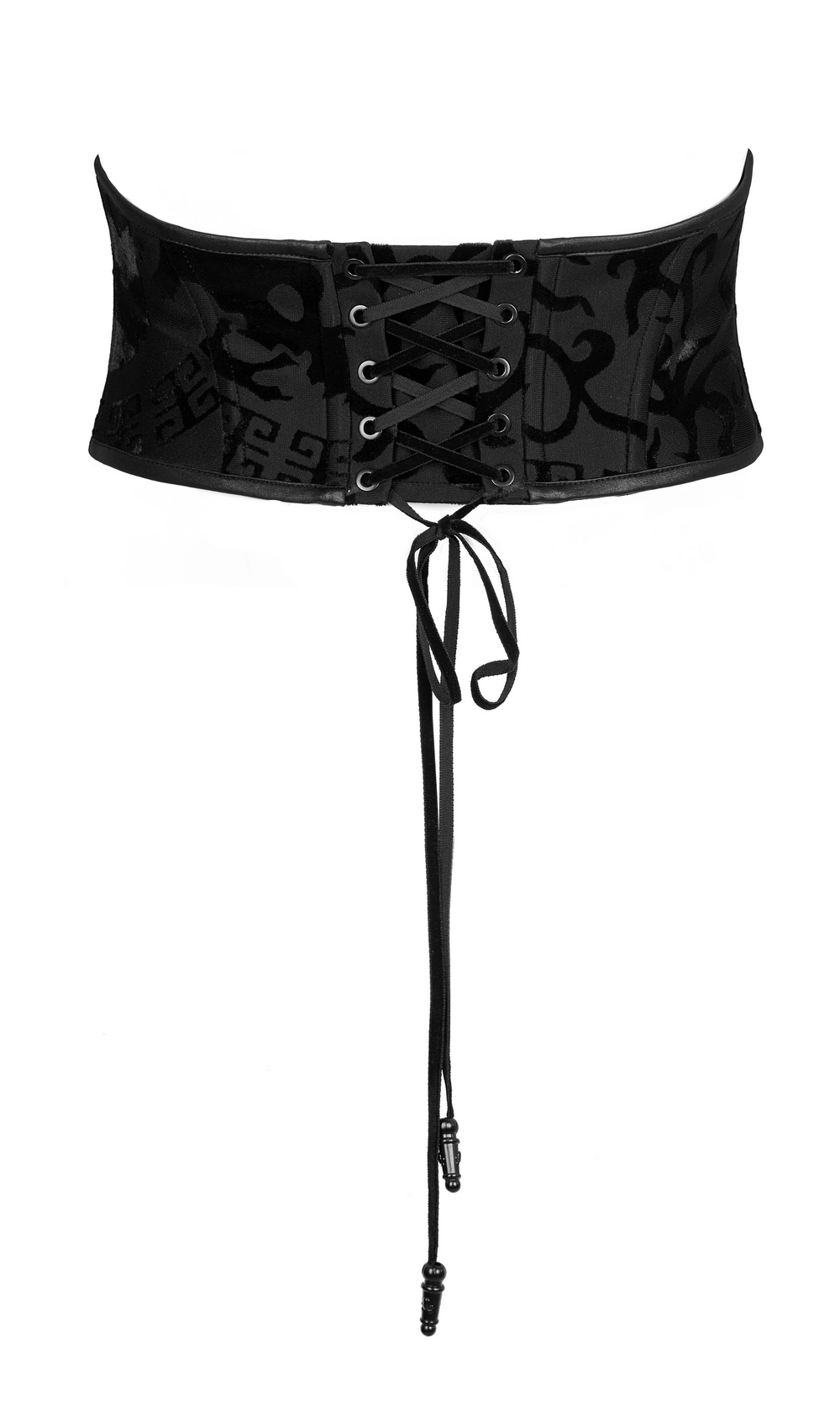 Stylish black dragon print corset belt with lace-up design, perfect for a gothic-inspired waist cincher look.