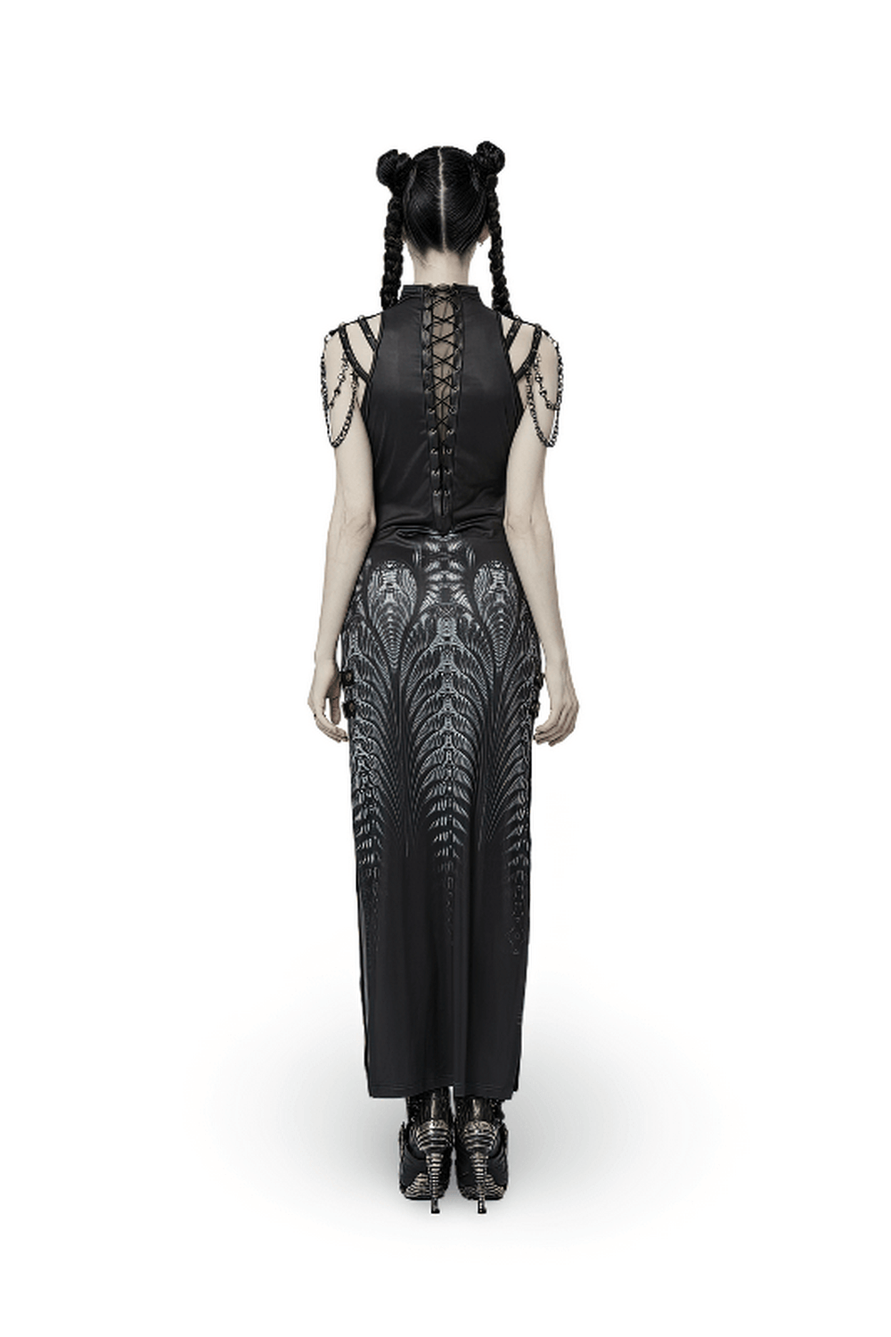 Back view of a stylish women's futuristic sci-fi dress with digital prints and decorative leather loops.
