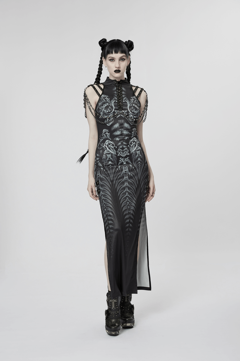 Stylish women's futuristic sci-fi printed dress with digital patterns and edgy design, perfect for a bold fashion statement.