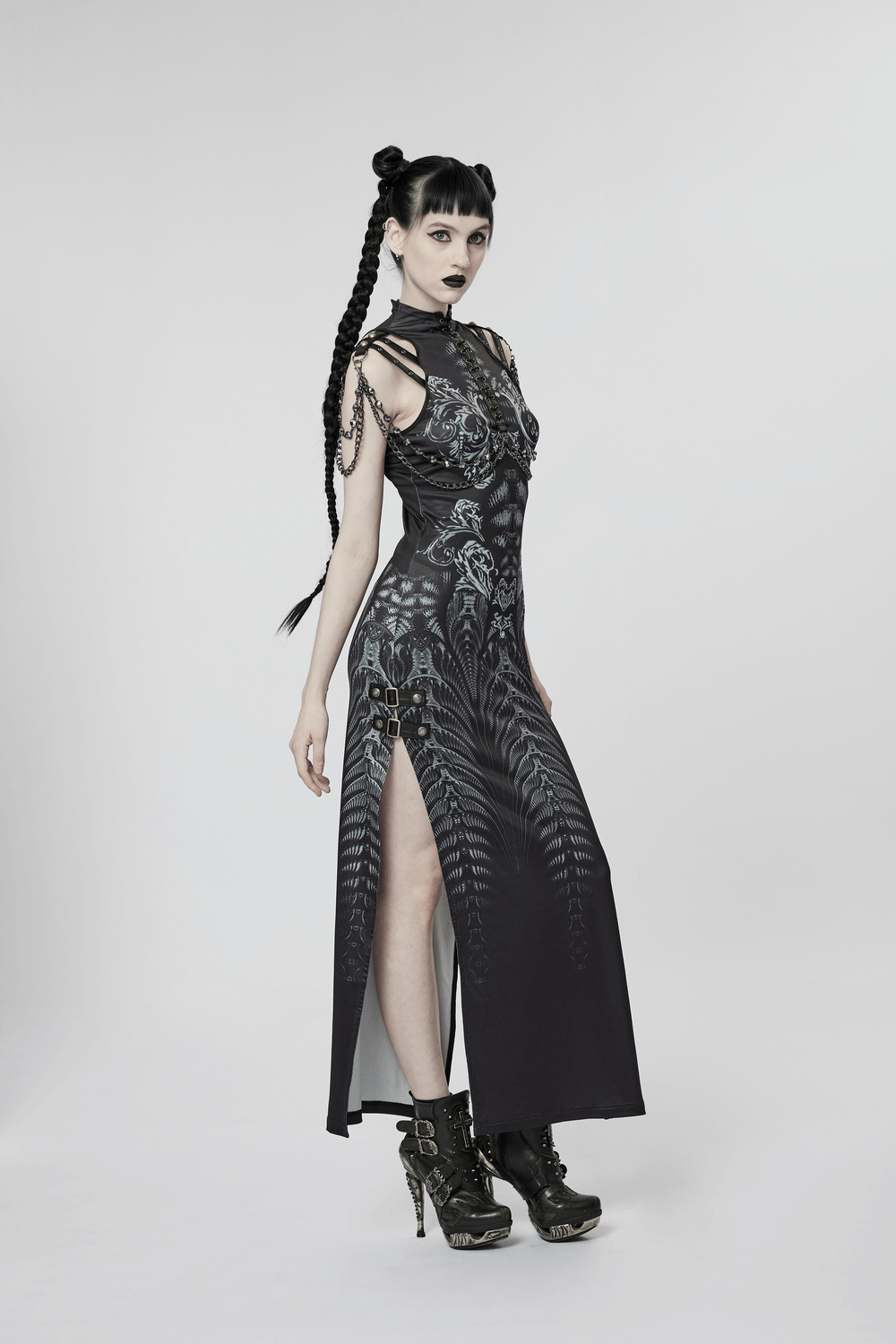 Stylish women's futuristic sci-fi printed dress with side split and unique digital print.