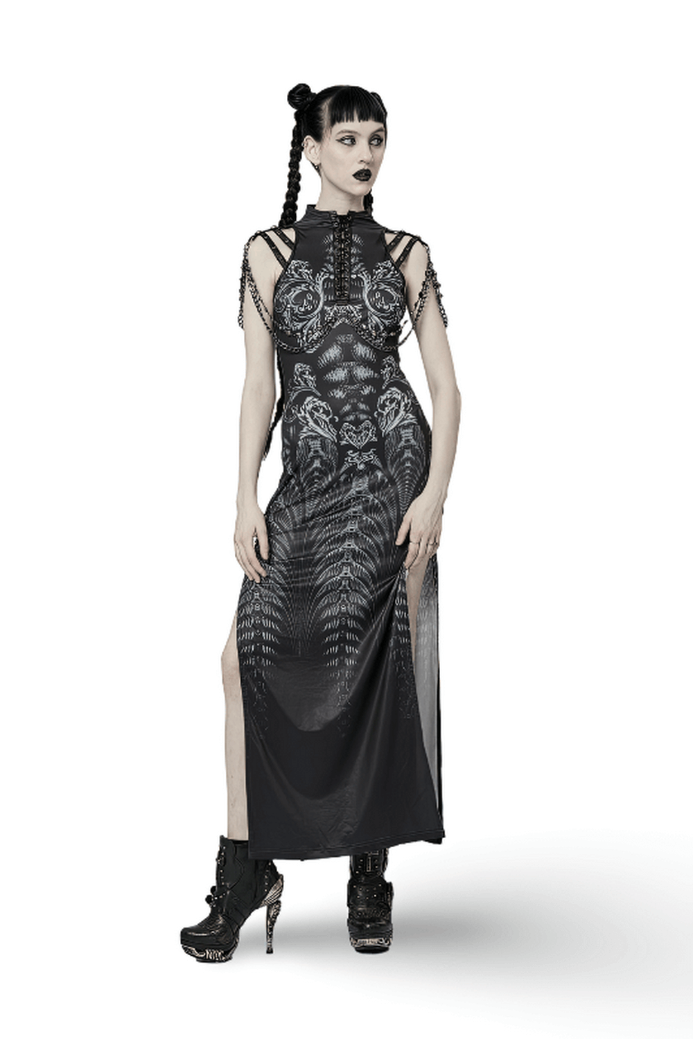 Stylish woman's futuristic sci-fi printed dress with split design, eye-catching digital print, and edgy accessories.