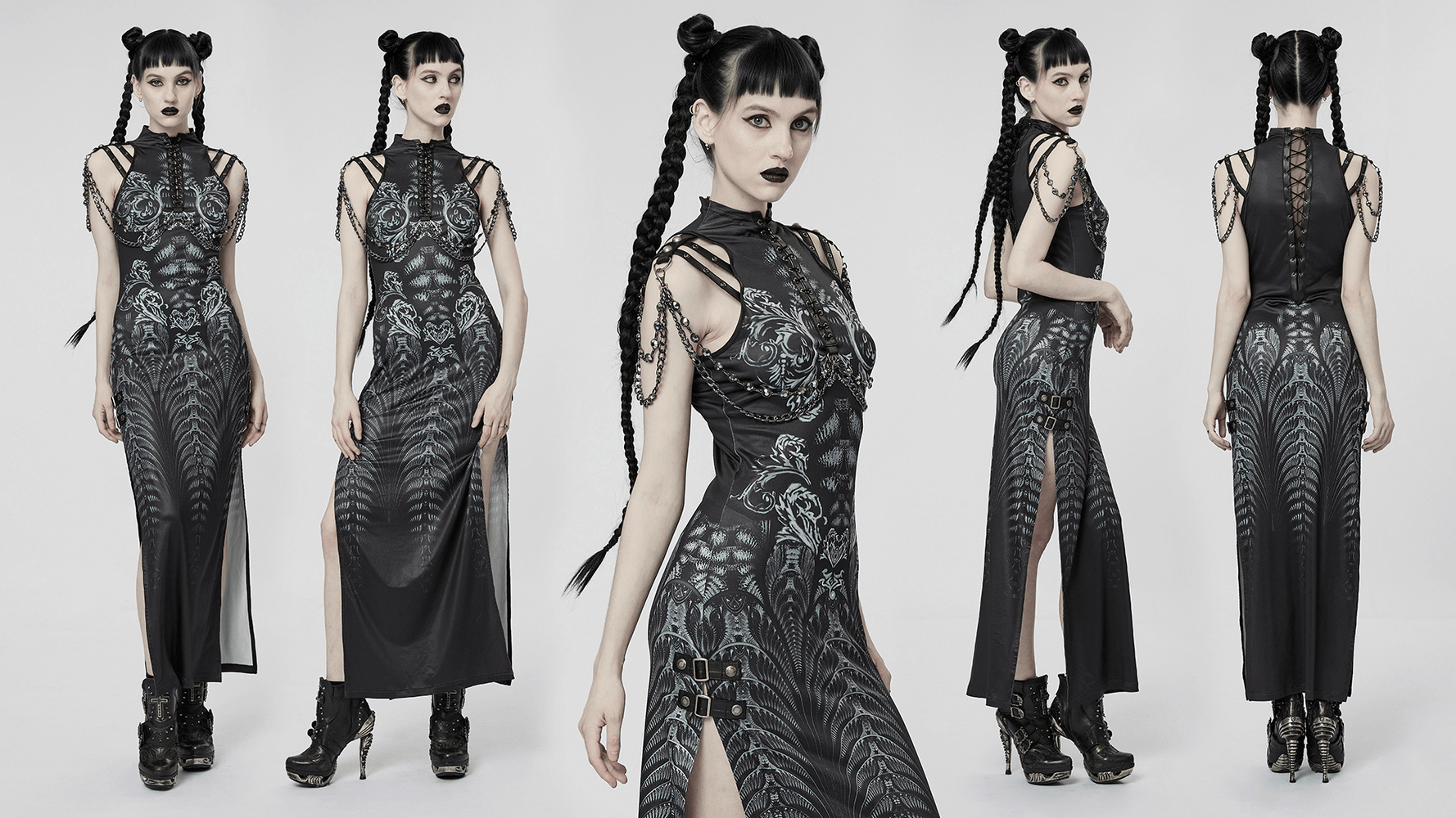 Stylish women's futuristic sci-fi printed dress with side slits and decorative leather loops, perfect for a cyber chic look.