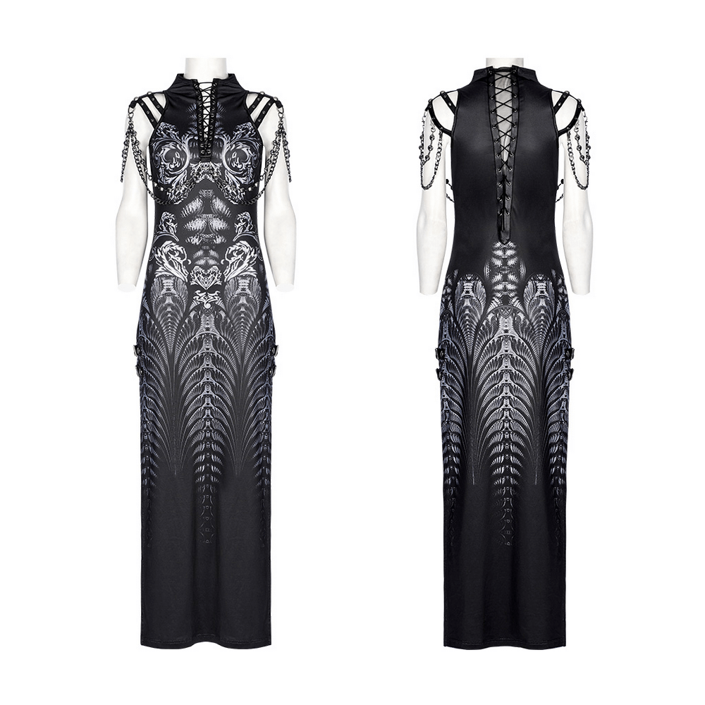 Stylish women's black futuristic sci-fi printed dress with striking design and edgy details, perfect for modern fashion lovers.