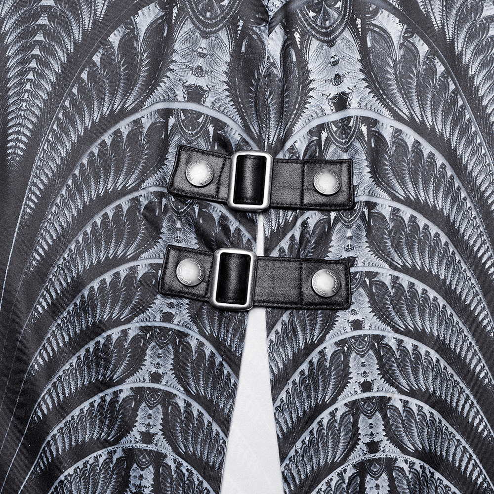 Close-up of stylish leather loops and digital print on a futuristic women's dress.