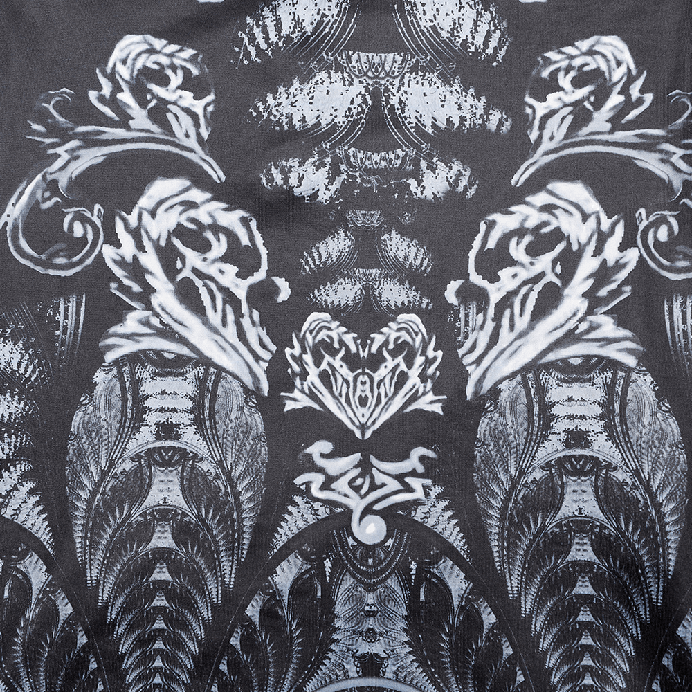 Intricate digital print design featuring futuristic patterns on stretchy fabric for a stylish women's dress.