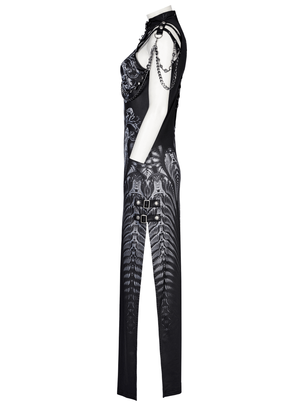 Stylish Women's Futuristic Sci-Fi Printed Dress featuring digital prints and edgy design with side slits and chains.