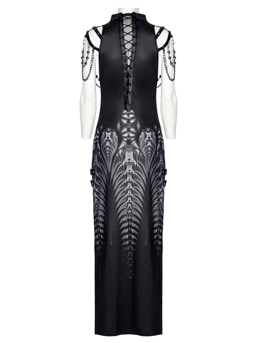 Stylish women's futuristic sci-fi printed dress with unique lace details and striking digital print.