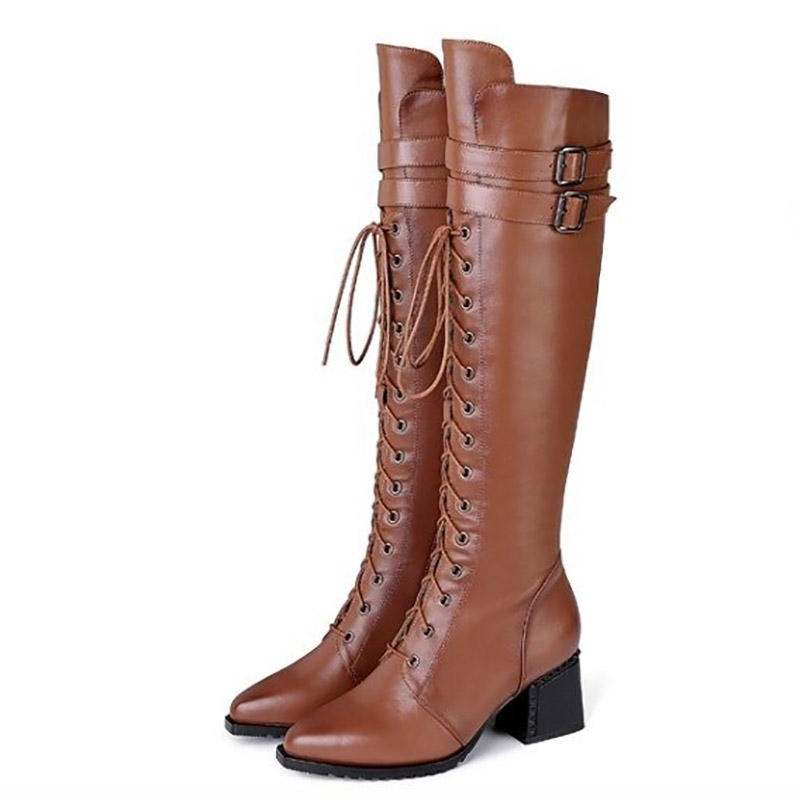 Stylish women's brown genuine leather lace-up boots with square heels in goth/rock style.
