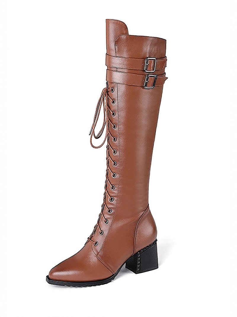 Stylish brown lace-up women's boots in rock style, made of genuine leather with a square heel.