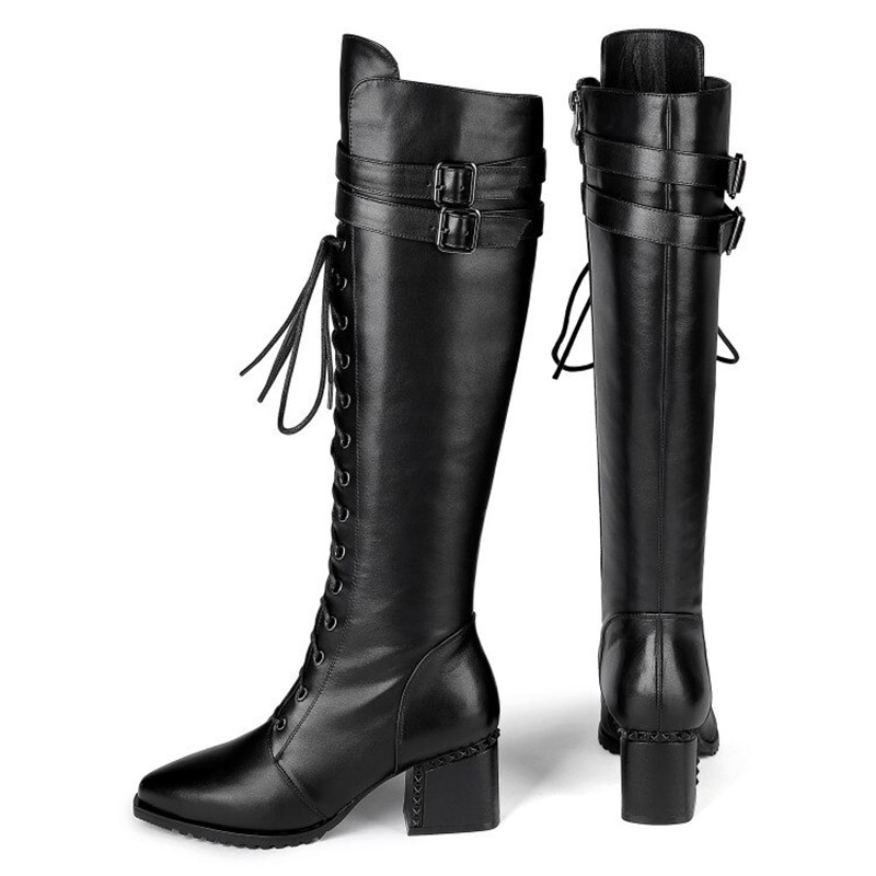 Stylish women's genuine leather boots in black with lace-up design and square heel, perfect for goth rock style.